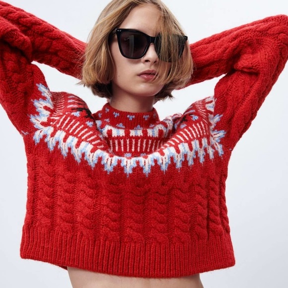 ZARA WOOL CABLE KNIT JACQUARD SWEATER RED - Picture 10 of 15